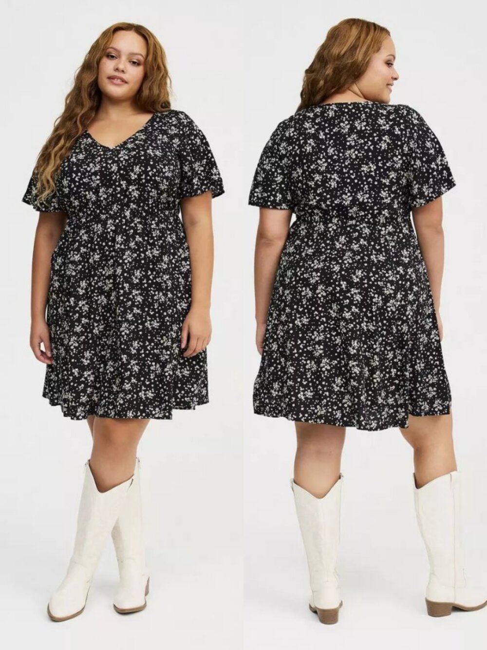 NEW Torrid 0 Black Floral V-Neck Elastic Waist Mini Dress L 12